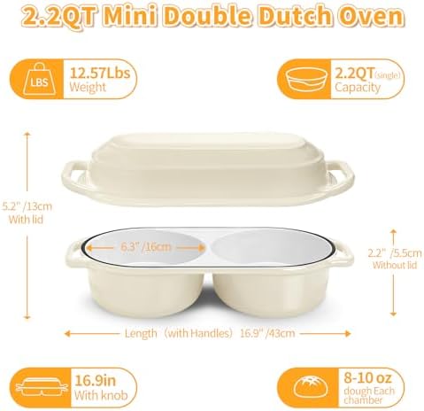 Mini Double Dutch Oven For Sourdough Bread Baking, 2.2QT Enameled Cast Iron