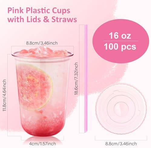 tchrules 100 Set 16oz Pink Plastic Disposable Cups with Lids and Straws