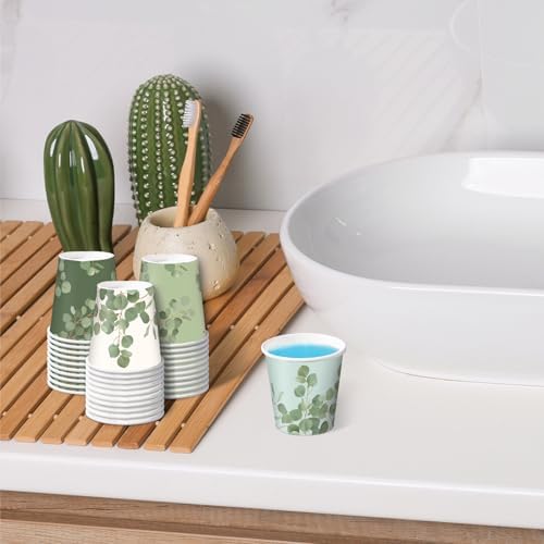 RUSPEPA 2 oz Bathroom Cups, Disposable Paper Cups - 100 Pack Set Eucalyptus Design Printed - Mini Mouthwash Rinse Paper Cups for Home, Bathroom, Picnic, Party, and Events