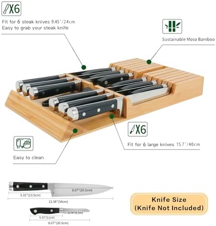 Utoplike In-Drawer Knife Block Bamboo Drawer Organizer, 12 Knives Holder