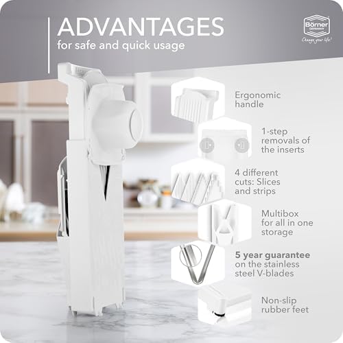 Mandoline Food Slicer Börner V3 (Starter Set) by Reston Lloyd • V-Slicer with Blade Storage & Safety Food Holder • Made in Germany • Fruit & Vegetable Chopper • Multiple Settings: White