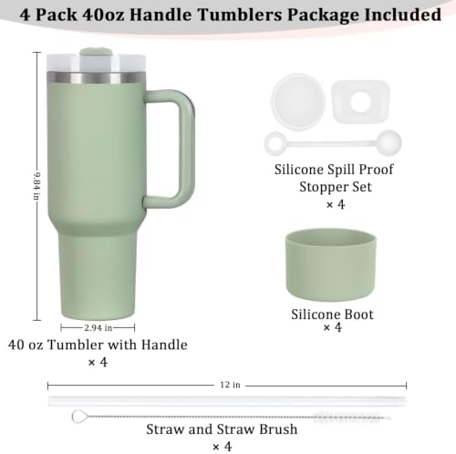 4 Pack 40 Oz Tumbler with Handle Bulk, Double Wall Vacuum Insulated Stainless Steel Tumbler with Lid and Straw, 40 oz cup with Silicone Spill Proof Stopper Set (Dark Green)