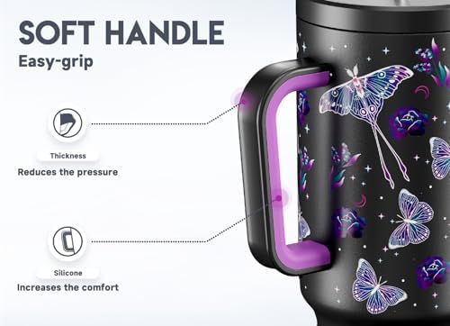 Meoky 40 oz Glow in the Dark Tumbler with Handle and Straw, Tumbler with Lid and Straw, Insulated Stainless Steel Travel Mug, 100% Leak-proof, Keeps Cold for 34 Hours (Butterfly)