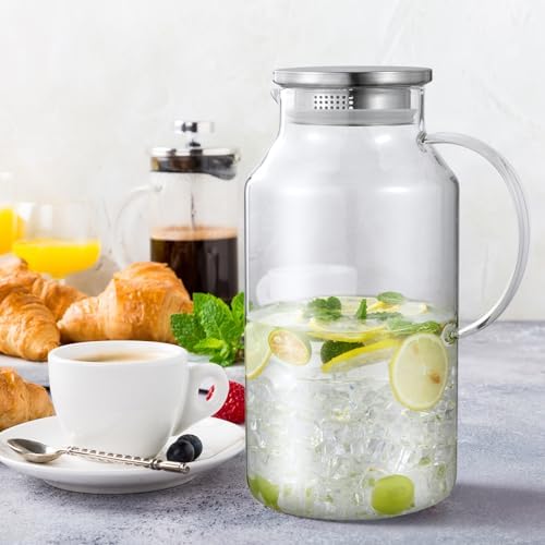 Bivvclaz 1 Gallon Glass Pitcher with Lid and Handle, Water Pitcher for Fridge, Glass Carafe for Hot/Cold Water, Large Iced Tea Jug for Coffee, Juice and Homemade Beverage (Pack of 2)