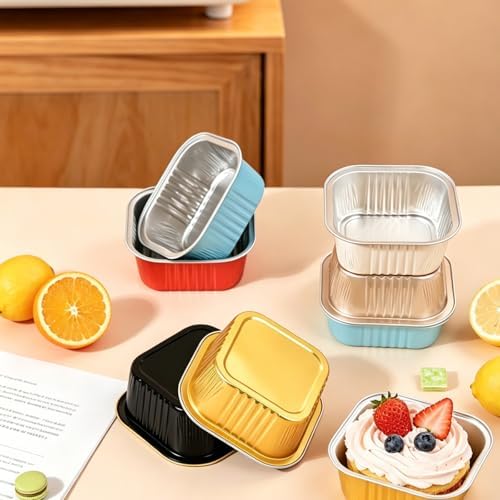 50 Pack Mini Cake Pans With Lids And Spoons,5oz Square Aluminum Foil Brownie Baking Cups,Small Cake Tins,Individual Cake Pans With Lids for Wedding Birthday Party (Champagne)