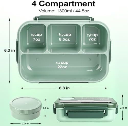 Bento Box Adult Lunch Box, Lunch Containers for Adults 44.5 Oz/5 Cup, Green