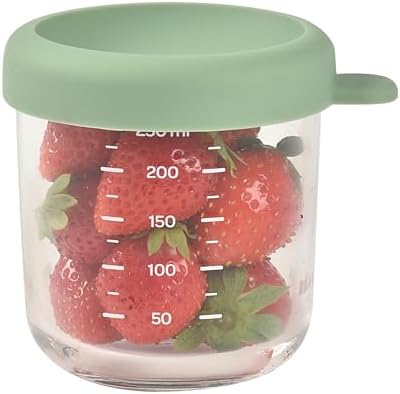BEABA 8 oz Glass Baby Food Jars with Soft Silicone Air Tight Lids, Glass Storage Containers with Lids, Microwave and Freezer Safe Containers, Sage