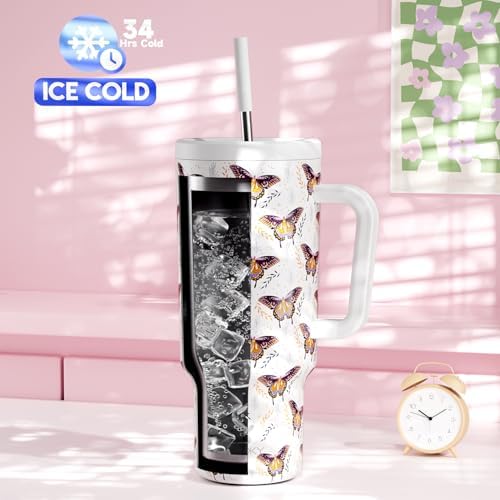 Meoky 40 oz Tumbler with Handle and Straw: Stainless Steel Insulated Tumbler with Lid and Straw - 100% Leak Proof Tumbler for Car Cup Holders - Travelers Commuters Workers, Flutterfly