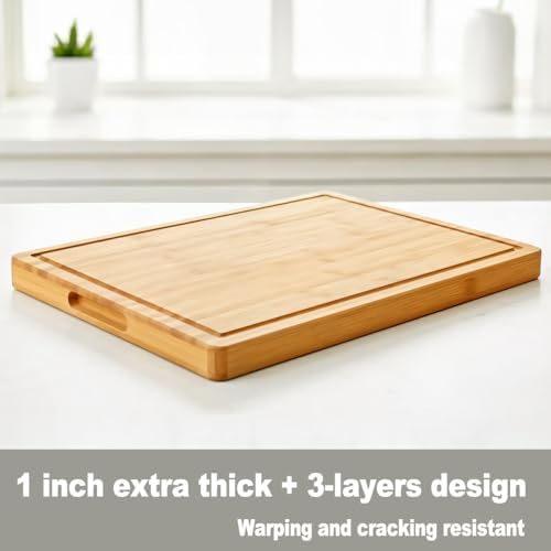Allsum Bamboo Wood Cutting Boards for Kitchen, 1" Extra Thick Butcher Block with Juice Grooves & Handles Resisting to Warping and Cracking, Fancy Charcuterie Boards, 16"L x 11"W