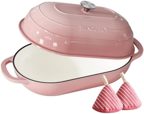 Enameled Cast Iron Bread Oven, 5QT Cast Iron Dutch Oven for Homemade Sourdough Bread Baking, Oval Bread Pot with Dome Lid & Cotton Potholders, Gentle Pink