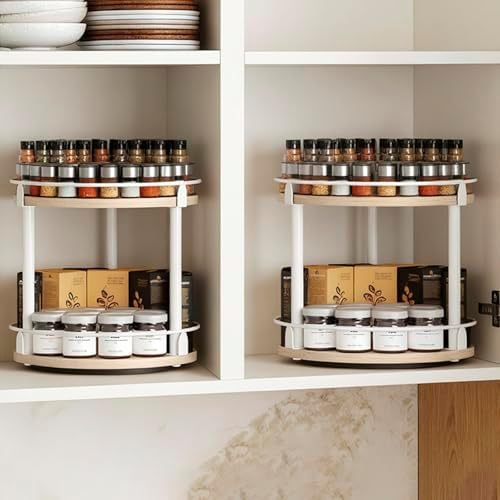 YATINEY Lazy Susan Organizer, Rotating Spice Rack, 2 Tier Spice Turntable Organizer, Industrial Turntable Spice Holder, for Kitchen Countertop, Compact and Versatile, White and Light Oak SR22WG