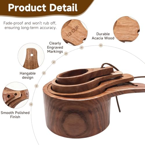 Wooden Measuring Cups and Spoons Set - Eco-Friendly Solid Acacia Wood, Laser Engraved Measurements, Perfect for Baking & Cooking - Ideal for Bakers (4-Pc Acacia Wood Measuring Cups)
