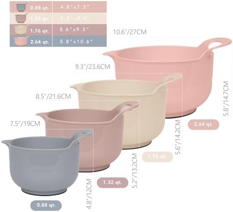 BoxedHome Nesting Plastic Mixing Bowl Set with Pour Spouts and Handles - Non Slip Bottom, BPA free Microwave & Dishwasher Safe(Khaki Pink, 4 Pack)