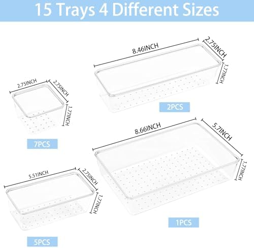 Manalete 15 Pcs Clear Plastic Drawer Organizer, Makeup & Vanity Organizer