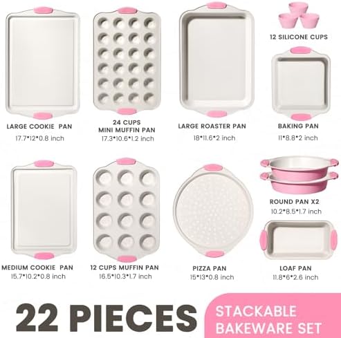 Kikcoin 22 PCS Nonstick Baking Pans Set, Stackable Bakeware Sets with Silicone Handles, 450°F Oven Safe Baking Sheet Set, Easy Release Cookie Sheets for Baking, Pink