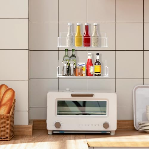 Acrylic Spice Rack Wall Mount-9 Inch, Clear Spice Shelf Storage Holder, 4 Pack Hanging Seasoning Rack Organizer for Cabinet Door, Cupboard or Wall Kitchen (Adhesive or Screw)