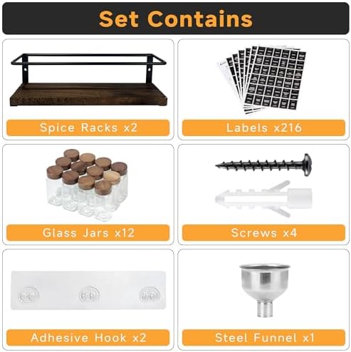 2-Tier Wall Mount Spice Rack Organizer with 12 Glass Jars, 216 Labels & Funnel - Screw/Adhesive Mount, Black Metal & Wood Spice Storage for Kitchen Pantry Cabinet, 11.6”L x 2.4”W x 3.2”H