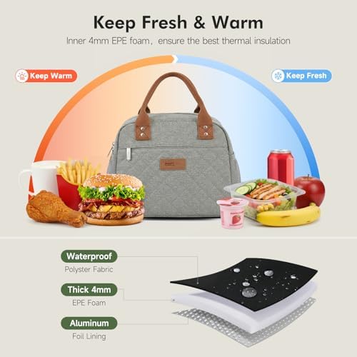 HOMESPON Insulated Lunch Bag for Women Men Adults Lunch Tote with Front Pocket Lunch Box Container Cooler Bag for Work Picnic (Grey)