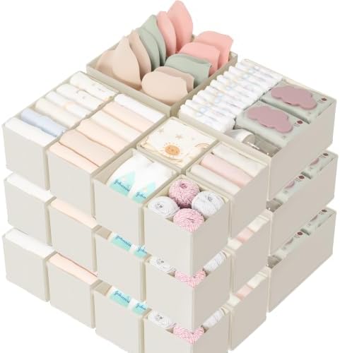 Criusia Drawer Organizer 18-Piece Set, Dresser Organizer for Baby Clothes, Foldable Closet Storage & Drawer Dividers for Underwear, Socks, Nursery (Oatmeal)