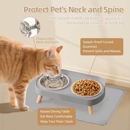 Elevated Cat Bowl with Food Mat, Raised Cat Food and Water Bowl Set for Indoor Cats, Splash Proof with 2 Stainless Steel Pet Food Bowls for Cats and Puppies,Whisker Fatigue and Dishwasher Safe (Grey)