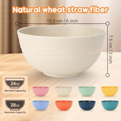Unbreakable Cereal Bowls Set of 8, 26 Oz Wheat Straw Bowl Sets, Microwave & Dishwasher Safe Bowls for Kitchen, Reusable Plastic Bowl for Soup, Salad, Rice, Snack, BPA Free, Multicolor