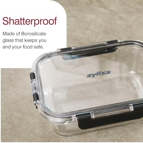 Zyliss E981065 1L Glass Container, Shatterproof Glass, Airtight Food Storage Box with Sealable Lid, Microwave Safe, BPA Free, Freezer Safe, Fridge Storage, Food Container, 21cm x 16cm x 7cm