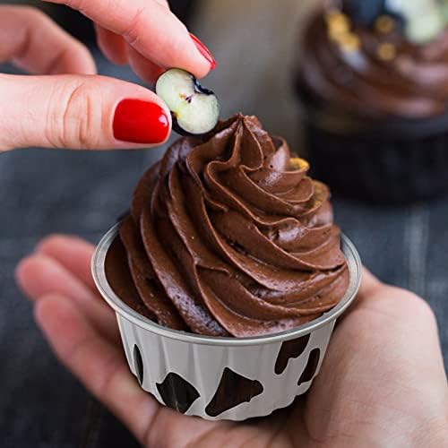 100Pcs Aluminum Cups with Lids,5oz Disposable Ramekin Baking Cups Muffin Liners Mini Pie Pans Foil Cupcake Containers for Christmas Party Wedding Party,Cow Print