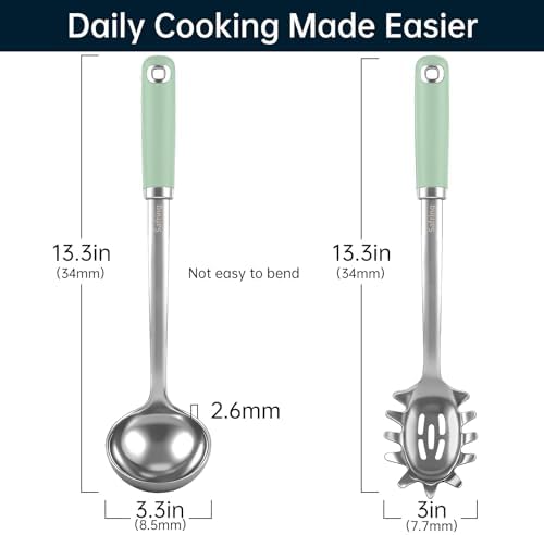 Safring Stainless Steel Soup Ladle and Spaghetti Spoon Set, Heat Resistant Rubber Handle, Dishwasher Safe, Kitchen Utensils for Cooking, Stirring, Serving Pasta, Soup & Sauce (Mint)