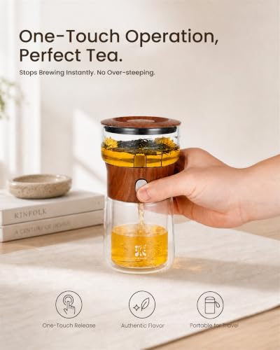 ZENS Glass Infuser Teapot, One Touch Tea Maker for Loose Leaf Tea, Teak