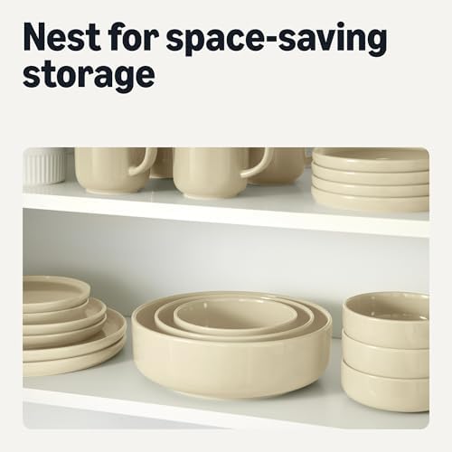 Amazon Basics Ceramic Serving Bowls Set Of 3, Glazed Stoneware (6", 8" & 10"), Nestable Space-Saving, Stain-Resistant, Microwave & Dishwasher-Safe, Ivory
