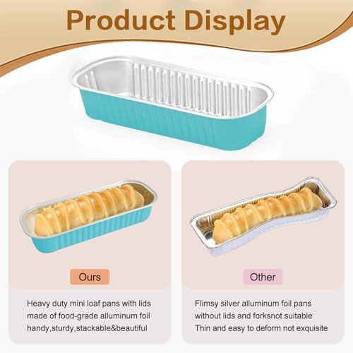 100 Pack Mini Cake Pans with Lids and Spoons, Mini Loaf Baking Pans 6.8oz, Small Disposable Aluminum Foil Loaf Pans, Rectangular Baking Containers for Party and Picnics, Cheesecake Pans (Blue)