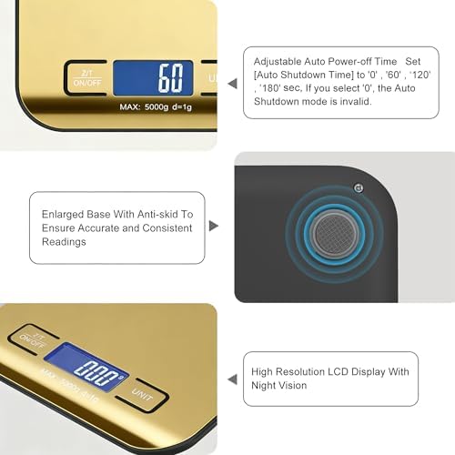 Digital Shipping Scale,Stainless Steel Panel, Accurate Portable Postal Scale for Packages, Small Business,Kitchen, Food, Handmade, Liquids, and Boutique (Mirror Gold Battery(5kg/1g))