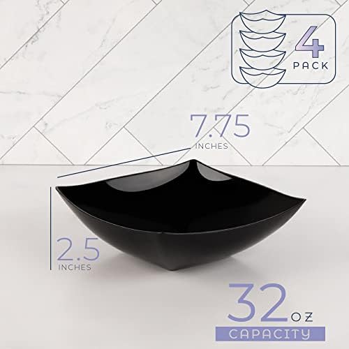 PLASTICPRO Disposable Square Serving Bowls, Party Snack or Salad Bowl, Plastic Black Pack of 8, 32 OUNCE, Black