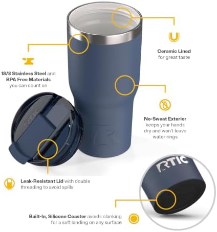 RTIC 20oz Essential Tumbler with Lid, Ceramic Lined, Navy