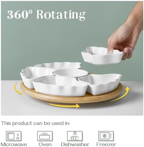 DOWAN 360° Rotatable Serving Tray and Platters, 12 Inch Divided Serving Bowls for Party, Kitchen Decor, Removable Serving Dishes for Chips and Dip, Fruit, Veggies, Candy and Snacks, 7 Pieces, White