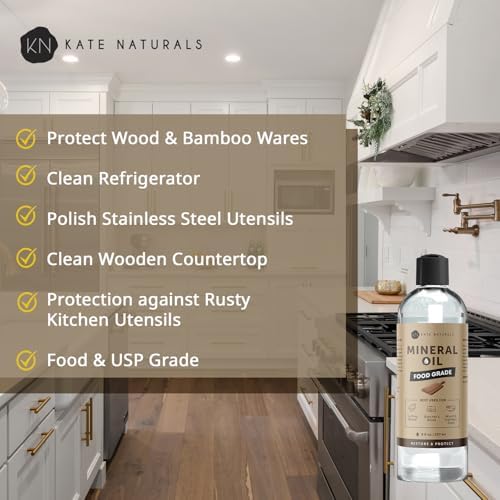 Kate Naturals Mineral Oil for Wood Cutting Board, Food Grade, Odorless, 8oz