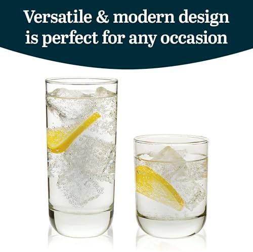 Libbey Polaris Tumbler & Rocks Drinking Glasses Set of 16, Clear Glass Cups