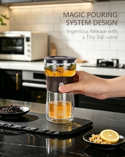 ZENS Small Glass Tea Infuser Pot, One Touch Tea Maker for Loose Tea, Walnut