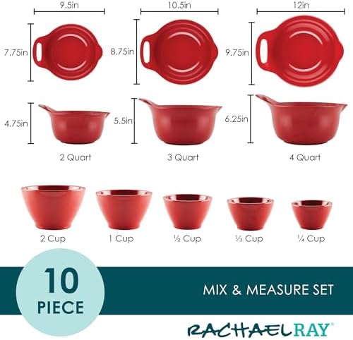 Rachael Ray Pantryware Nesting Mixing Bowls with Built-in spouts and Handles and Measuring Cups For Space-saving storage, Utensil Set, Dishwasher Safe, 10 Piece, Red