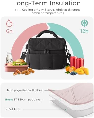 BAGSMART Insulated Lunch Bags for Women, Cute Quilted Lunch Box, Black