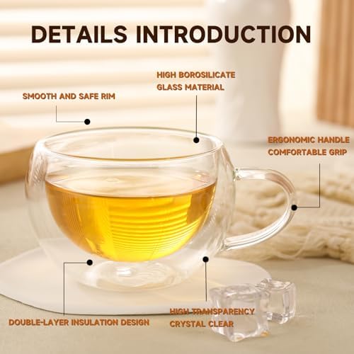 Double Wall Insulated Glass Tea Cups Set of 2, Clear Borosilicate Espresso Shot Cups for Espresso Machine, Glass Teacups Coffee Mugs with Handle for Cappuccino Latte, 7OZ/200ML