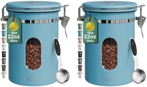 Veken Coffee Canister with Window, Airtight Stainless Steel Container,Date Tracker, Kitchen Food Storage Jars for Beans, Ground, Espresso, Rice,Tea, Sugar, Cereal, Gifts, Scoop, Blue, 22OZ (Pack of 2)