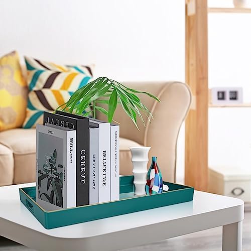 Gifturbo Teal Serving Tray,Rectangular Serving Trays with Handles, Plastic Coffee Table Tray Decorative Tray for Ottoman,Living Room, Bathroom, 15.7” x 10.2” x1.37”