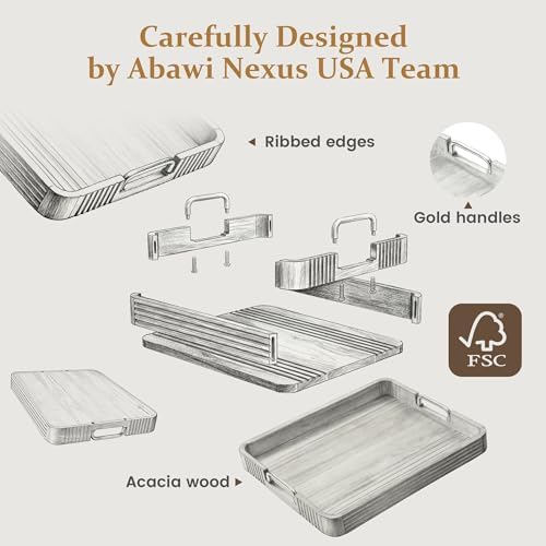 Acacia Wood Serving Tray with Metal Handle, 17x13in Tray for Ottoman