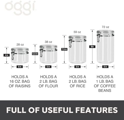 Oggi 4pc Clear Canister Set with Clamp Lids Airtight Containers in Sizes Ideal for Kitchen & Pantry Storage of Bulk, Dry Foods Including Flour, Sugar, Coffee, Rice, Tea, Spices & Herbs