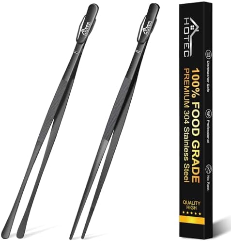 HOTEC Kitchen Tweezers Stainless Steel Cooking Tweezers 2 Pcs-12", Black