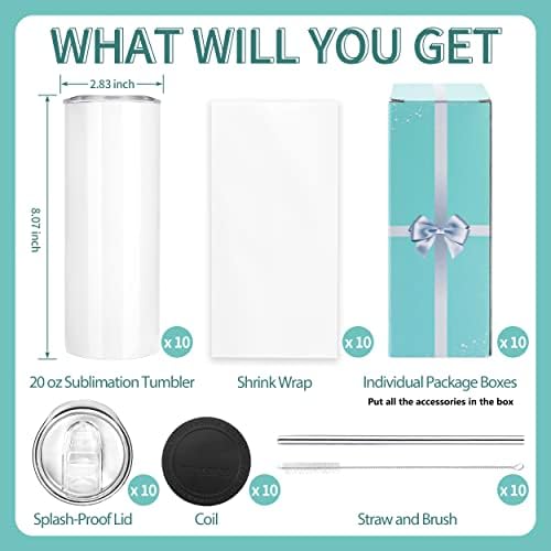 D·S Sublimation Tumblers 20 oz 10 Pack Skinny Straight Tumblers Bulk