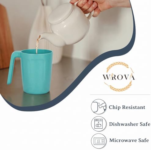 Wrova 16oz Wheat Straw Cups with handles set of 6-Plastic Cups Reusable-Unbreakable Kids Mugs-Dishwasher Safe & Microwave Safe-Ideal Plastic Mugs for Tea,Coffee,Camping,RV-Green