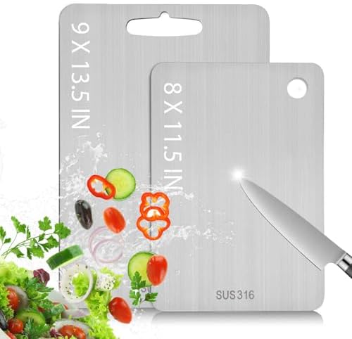 Kant Stainless Steel Cutting Board with Lip, Steel Cutting Boards for Kitchen Non-Toxic Dishwasher Safe Chopping & Kneading Board for Dough Meat/Vegetable/Fruit/Bread/Baking Gift-Ready(2PC-S+L)