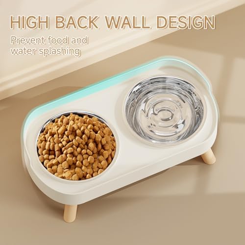 Elevated Cat Bowl, Raised Cat Food and Water Bowl Set for Indoor Cats, Splash Proof with 2 Stainless Steel Pet Food Bowls for Cats and Puppies, Whisker Fatigue and Dishwasher Safe - White
